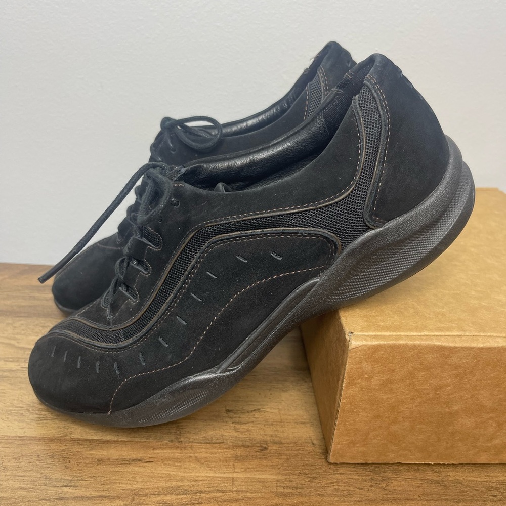 CLARKS Womens Wave Walk Black Leather Suede Sneakers Shoes 8.5